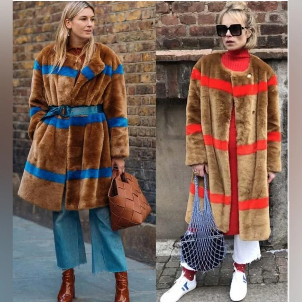 STAND STUDIO Brown and Red Stripe Faux Fur Coat - Picture 3 of 6